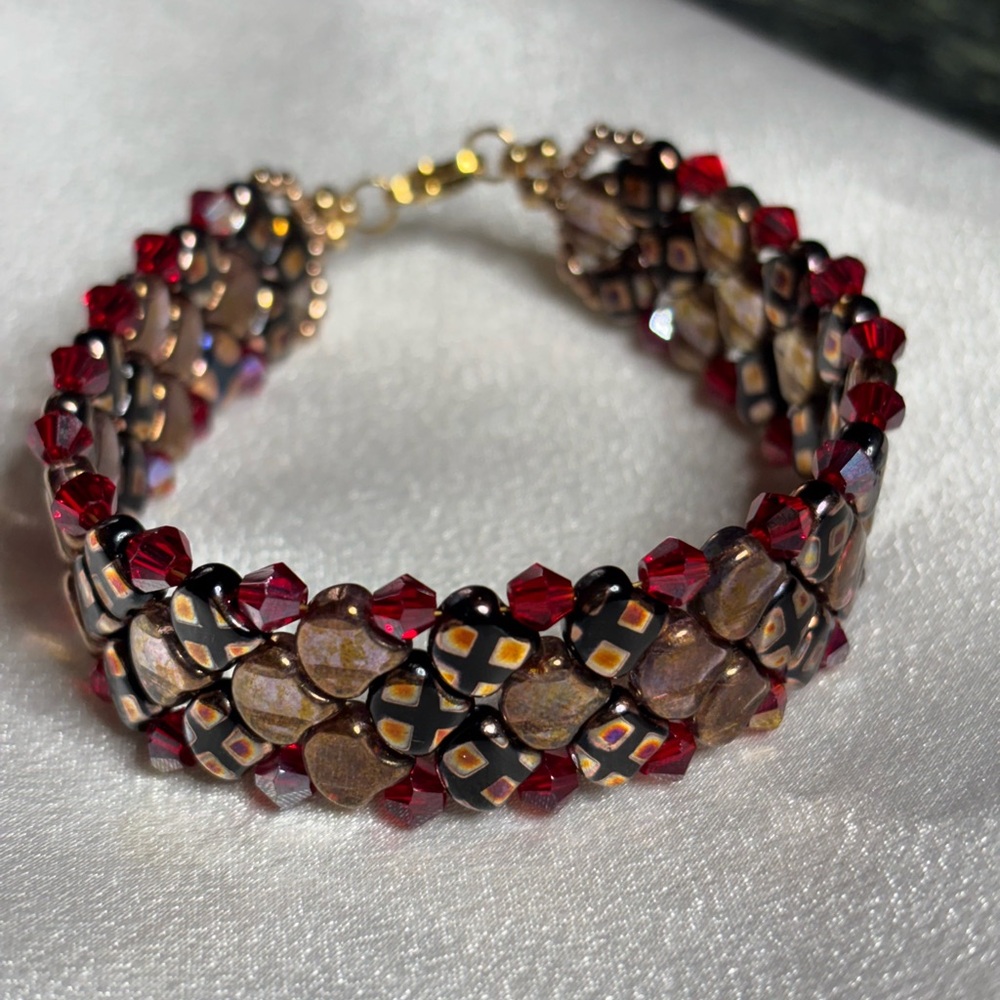 Hand Crafted Red Black and Gold Woven Ginkgo Bracelet 7.5 inches